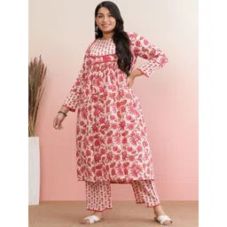 anayna Women Floral Printed Angrakha Pure Cotton Kurta with Trousers-image-49