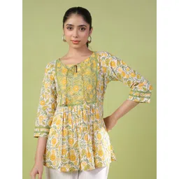 anayna Women Floral Printed Pure Cotton Pleated Straight Kurti-image-22
