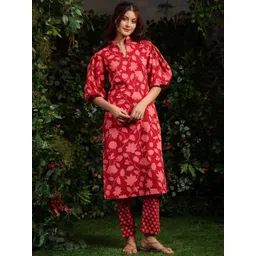 anayna Women Floral Printed Regular Pure Cotton Kurta with Trousers-image-41