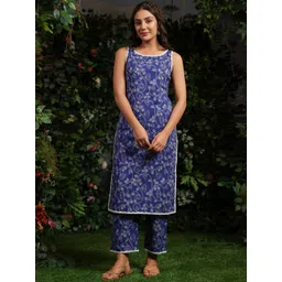 anayna Women Floral Printed Regular Pure Cotton Kurta with Trousers-image-36