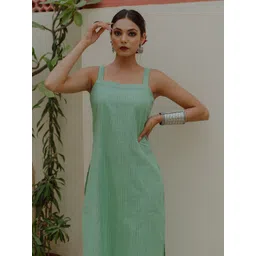 anayna Women Green Pure Cotton Kantha Work Striped Kurta-picture-17