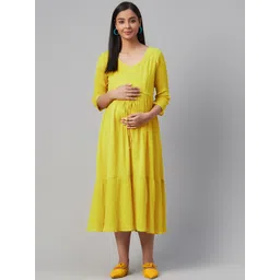 anayna Women Lime Green Solid Tiered Maternity A-Line Dress-picture-14