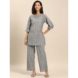 anayna Women Striped Regular Pure Cotton Kurta with Trousers-picture-14