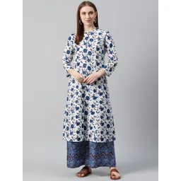 anayna Women White & Navy Blue Printed Kurta with Palazzos image 1