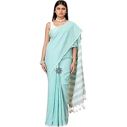 anchol Women's Bengal Premium Cotton Saree with Blouse Piece | Traditional White Striped Pallu Pattern | Soft Lightweight Ethnic Saree-picture-45