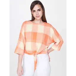 AND Women Orange & Beige Checked Pure Cotton Top with Front Knot-picture-21
