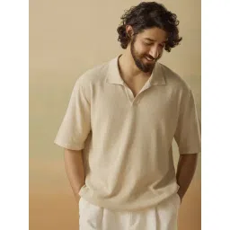 Andamen Beige Cotton Relaxed Fit Texture Polo T-Shirt-picture-12