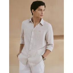 Andamen Beige Linen Slim Fit Checked Shirt-picture-17