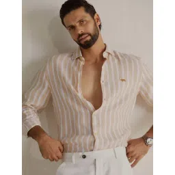 ANDAMEN Beige Slim Fit Striped Linen Shirt-picture-20