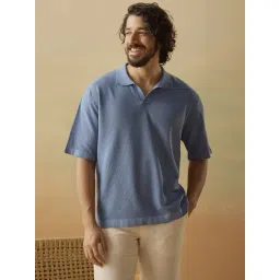 Andamen Blue Cotton Relaxed Fit Texture Polo T-Shirt-picture-24