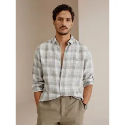 ANDAMEN Grey Slim Fit Check Linen Shirt-picture-38
