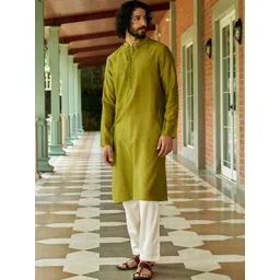 Andamen Men Band Collar Long Sleeves Cotton Straight Mid Length Kurta-S-Reg-picture-41