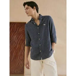 Andamen Navy Blue Linen Regular Fit Checked Shirt-picture-30