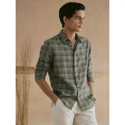 Andamen Olive & Grey Linen Slim Fit Checked Shirt-picture-21