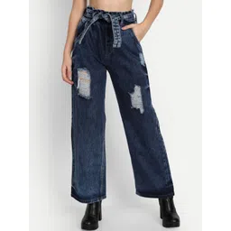 AngelFab Women Wide Leg High-Rise Mildly Distressed Light Fade Cotton Jeans-picture-38