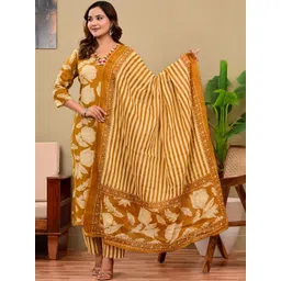 Angkor Floral Printed V-Neck Pure Cotton Kurta With Trousers & Dupatta-picture-25