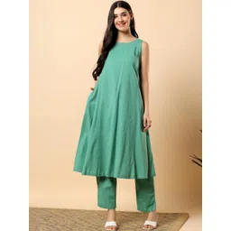 Angkor Women Cotton Flex Solid & Hand Embroidery Work Kurta With Trousers Set-picture-11