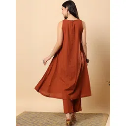 Angkor Women Cotton Flex Solid & Hand Embroidery Work Kurta With Trousers Set image 2