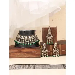 Anikas Creation Cubic Zirconia Stones Studded & Beaded Elegant Green Jewellery Set-picture-26
