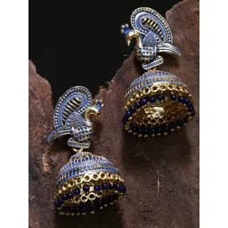 ANIKAS CREATION Gold Plated & Blue Enamelled Peacock Shaped Jhumkas-picture-16