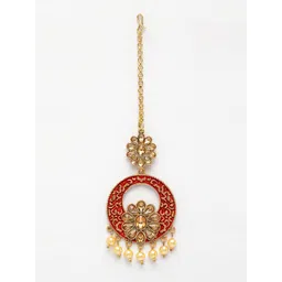 ANIKAS CREATION Gold-Plated & Red Stone Studded Enameled Hand Painted Traditional Maang Tikka image 2