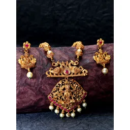 ANIKAS CREATION Gold-Plated & Red Stone-Studded Maa Laxmi Temple Jewellery Set-picture-12