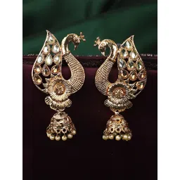 ANIKAS CREATION Gold-Plated Artificial Stone Studded and Beaded Peacock Shaped Jhumkas-picture-31