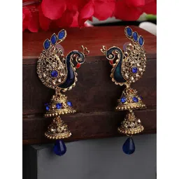ANIKAS CREATION Gold-Plated Artificial Stone Studded and Beaded Peacock Shaped Jhumkas-picture-16