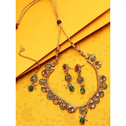 Anikas Creation Gold Plated Green & Beige Kundan Studded Handcrafted Enamelled Jewellery Set-picture-18