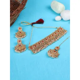 Anikas Creation Gold Plated Red & White Stone Studded & Beaded Traditional Jewellery Set-picture-36