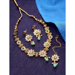 Anikas Creation Gold Plated Sea Green & Beige Kundan Studded Handcrafted Enamelled Jewellery Set-picture-38
