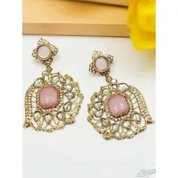ANIKAS CREATION Gold Plated Stone And Kundan Studded Geometric Drop Earrings-picture-33