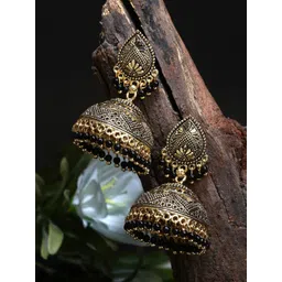 ANIKAS CREATION Gold-Plated Stone Studded & Beaded Dome Shaped Jhumkas-picture-15