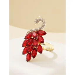 ANIKAS CREATION Gold-Plated Stone-Studded Peacock Adjustable Finger Ring-picture-23