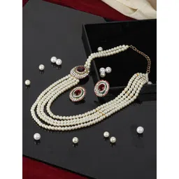 ANIKAS CREATION Gold-Plated White & Red Handcrafted Pearl Studded Jewellery Set-picture-27
