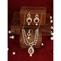 ANIKAS CREATION Gold-Plated White & Red Stone Studded Beaded Handcrafted Jewellery Set-picture-24