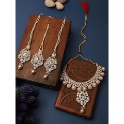 Anikas Creation Gold Plated White Stones Studded & Beaded Jewellery Set-picture-31