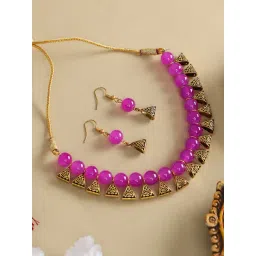 Anikas Creation Pink Beads & Antique Touch Pattern Stylish Sleek Necklace Jewellery Set-picture-19
