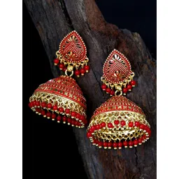 ANIKAS CREATION Red & Gold-Plated Contemporary Jhumkas Earrings-picture-16