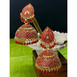 ANIKAS CREATION Red & Gold plated Enameled Antique Jhumkas-picture-21
