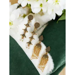 ANIKAS CREATION Set Of 2 Gold-Plated Artificial Beaded Contemporary Shaped Drop Earrings-picture-32