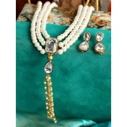 Anikas Creation Stylish Gold Plated White Pearl & Stone Tasselled Jewellery Set-picture-11