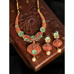 Anikas Creation Traditional Gold Plated Mint & Red Enamelled Stone Studded Jewellery Set-picture-47