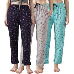 anixa Women Lounge Pyjamas - 100% Cotton - All Over Print, Side Pockets, Soft Fabric, Drawstring Waist - Pack of 3-picture-52
