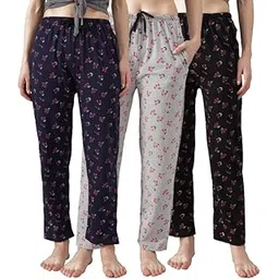 anixa Women Lounge Pyjamas - 100% Cotton - All Over Print, Side Pockets, Soft Fabric, Drawstring Waist - Pack of 3-picture-58