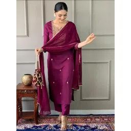 ANJANA NX Women Burgundy Viscose Rayon Embroidered Kurta Sets-picture-24