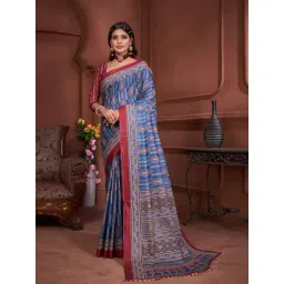Anjaneya Sarees Blue Woven Cotton Silk Printed Designer Printed Saree With Unstitched Blouse-picture-15