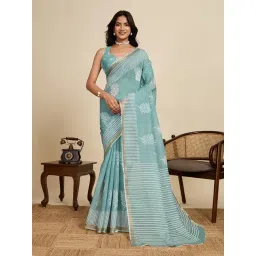 Anjaneya Sarees Blue Woven Linen Silk Printed Designer Saree With Unstitched Blouse-picture-43