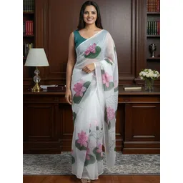 Anjaneya Sarees Floral Linen Blend Block Print Saree-image-5