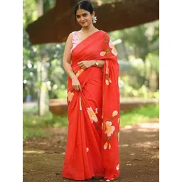 Anjaneya Sarees Floral Linen Blend Block Print Saree-image-39